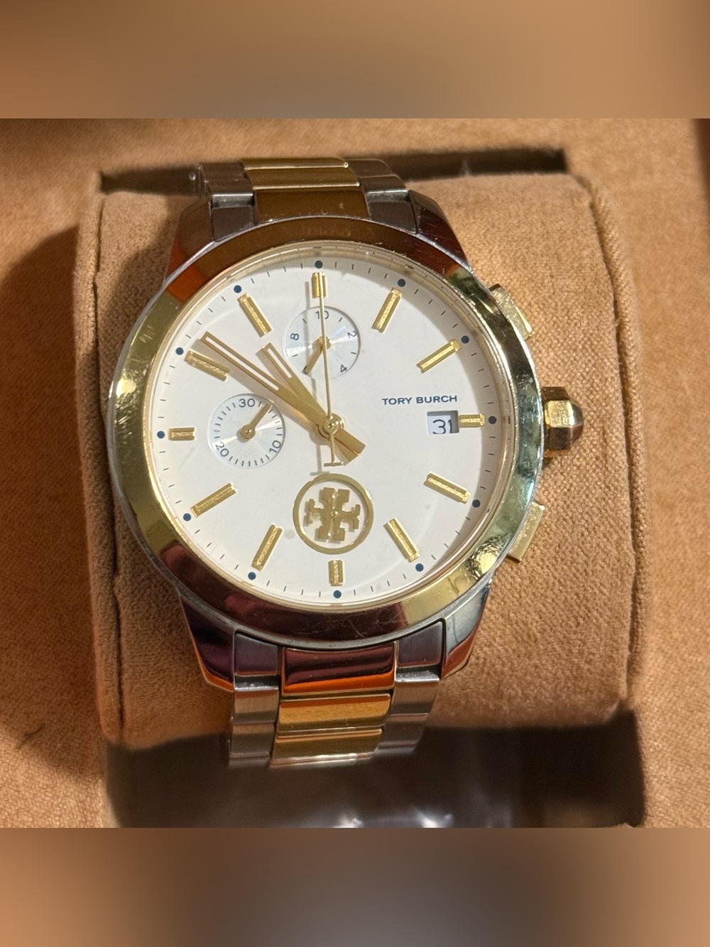 Tory Burch Collins TBW1254 Two-Tone Chronograph Watch Gold Silver w/ Box - Picture 5 of 9